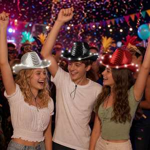 Chapeau de cowboy LED unisexe à paillettes argentées, livraison rapide, pour concerts, mariages, Noël, vente en gros, chapeaux de cowgirl lumineux réglables - Product Image 4