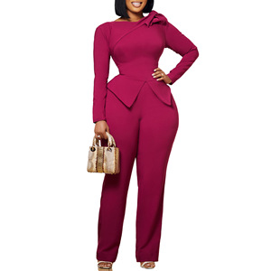 New Women's Solid Color Long Sleeve Tie Waist <b>Tops</b> Pants African 2 Piece Set Fashion - Product Image 5