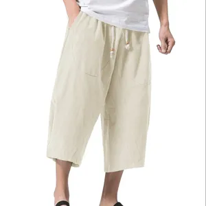 Mens Linen Harem Pants Elastic Waist with Drawstring Capri Shorts Summer Beach Loose Casual Baggy Trousers