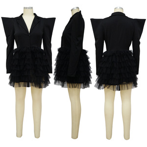 Trendy damesblazerjurk met effen kleur, lange mouwen, V-hals, gelaagde ruches, kanten mini-jurk, feestjurk - Product Image 6