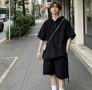 Conjunto de Dos Piezas para <span class=keywords><strong>Hombre</strong></span>, Estilo Americano, Verano 2026, Informal, Deportivo, Holgado, con Cierre, Camiseta de Manga Corta y Pantalones Cortos con Capucha - Product Image 4