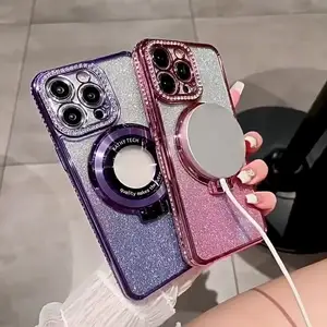 luxury shock proof magnetic ring holder stand glitter phone case for ip15 13 pro max diamond bling women phone cover