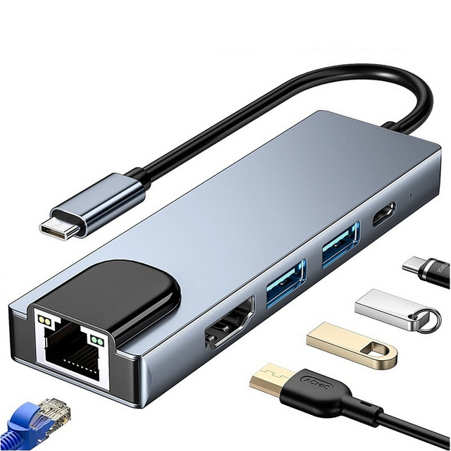 5-in-1 USB C Hub Docking Station Adapter for Laptop USB 3.1 Type-C Hubs 4K RJ45 Pd 100W 100Mbps Ethernet for Ethernet Support