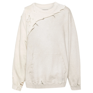 Felpa primaverile da <span class=keywords><strong>uomo</strong></span> bianca in maglia con design a strati misti, dettagli patchwork, orlo a costine, girocollo e spalle scese effetto distressed - Product Image 3