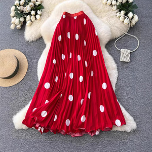 Gonna a pieghe a <span class=keywords><strong>pois</strong></span> grandi retrò, dolce, da donna, midi, primaverile, nuovo arrivo, a vita alta, linea ad A, lunga, antipiega - Product Image 5
