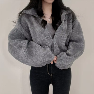 Women's Short-Length Stand Collar Warm Faux Shearling Coat Autumn/Winter Style Loose <b>Zipper</b> Cardigan Top Fashion - Product Image 2