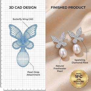 Elegantes Pendientes con Motivo de Mariposa en Oro Sólido de 9K/14K/18K con Perla de Agua Dulce para Joyería de Boda ROMANTICA - Product Image 1