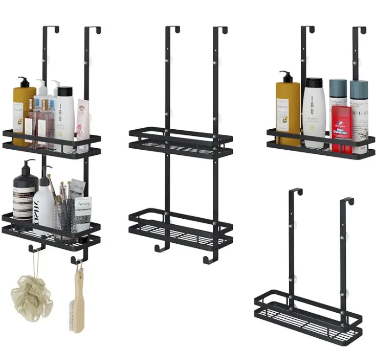 Matte Black 2 Tier Over Deur Douche Caddy Opknoping Mand Met Zuignap En Haken Voor Badkamer Organizer Storage Rack