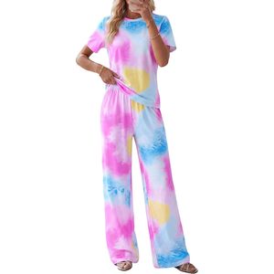 Women's <b>Tie</b> Dye Pajama Set Short Sleeve Knitted Lounge Wear Sleepwear Outfit Spring Summer 2 Piece Soft Comfortable Matching Set - Product Image 1