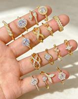 Cincin Tumpuk Terbuka Berlapis Emas Mutiara Daun Enamel Putih Multi Gaya untuk Wanita, Cincin Jari yang Dapat Disesuaikan dengan Kristal CZ, Hadiah Ulang Tahun dan Liburan