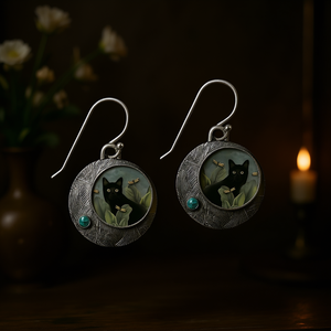 Vintage Black <b>Cat</b> Drop Earrings Antique Silver Plated With Turquoise Bezel Setting Women's Fashion Jewelry <b>Gift</b> - Product Image 2