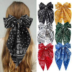 Pinza para el pelo con lazo de tela paisley estilo boho, cinta larga, multicolor, para mujer, decoración casual para el cabello - Product Image 1