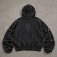 Sweat à capuche zippé court noir délavé pour homme en coton épais de haute qualité avec logo sérigraphié personnalisé et sangle à œillets métalliques, style streetwear