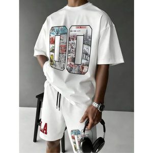 Men's Customized Logo Summer Casual Short <b>Set</b> New Design Silk Screen Printed Two Piece Shorts T Shirt Color Contrast Nylon - Product Image 1