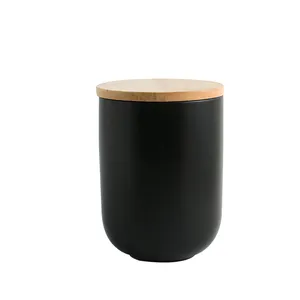 Wholesale Color Glaze Home Kitchenware Cylinder Shape Ceramic Sugar Tea Coffee Canister With Wood Lid