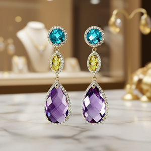 Boucles d'oreilles pendantes en cristal doré avec améthyste en forme de goutte et pierres bleues et jaunes pour femmes, bijoux de fête, style classique - Product Image 2
