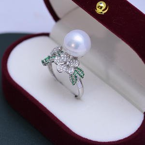 Ensemble de bagues en perles rondes blanches d'eau douce de 11-12 mm pour femmes, argent S925, lumière intense, défauts mineurs, ensemble complet, bague fleur - Product Image 1