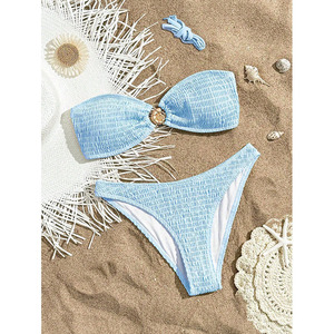 Conjunto de Bikini Bandeau Acanalado Blanco para Mujer, Traje de Baño Elástico de Dos Piezas con Braguita Hipster de Color Liso - Product Image 6
