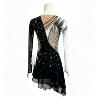 Robe de patinage artistique à manches longues contrastée noir et blanc, dos découpé, plumes et strass, pour filles et femmes adultes