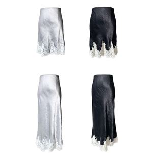 Women's Vintage French Romantic Satin Lace Trim Bias-Cut Acetate <b>Skirt</b> with Natural Waist Midi Length Breathable Summer <b>Skirt</b> - Product Image 1