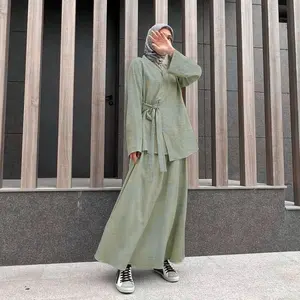 Nieuwe Custom 100% Katoenen Linnen Abaya Tweedelige Set Eid Ramadan Dubai Vrouwen Moslim Jurk Bescheiden Tunieken Rok Islamitische Kleding