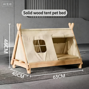 Solid Wood Cat <b>Bed</b> Tent Elevated Pet <b>Cave</b> With Removable Washable Cover For Indoor Cats Minimalist Design - Product Image 3
