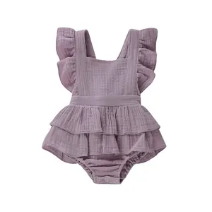 夏季婴儿服装无背颤动袖风格连身衣有机棉无背紫色褶边女孩连身衣