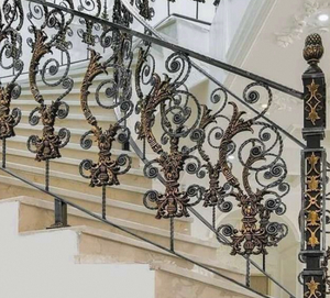 Rampe d'escalier en fer forgé de luxe, balustrade décorative en métal doré antique, garde-corps classique pour escalier intérieur - Product Image 3