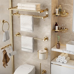 Ensemble de porte-serviettes en cuivre doré standard, 6 pièces, montage mural, rangement pour salle de bain, style moderne minimaliste - Product Image 1