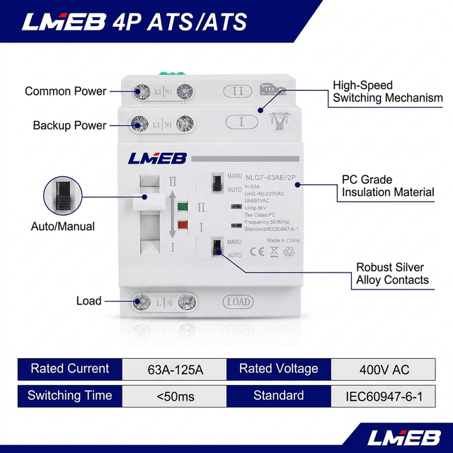Automatic Transfer Switch Panel 4P Generator ATS Controller 40A/50A/60A/30A/20A/16A Output Currents 380V 63A/100A 220V DC-DC
