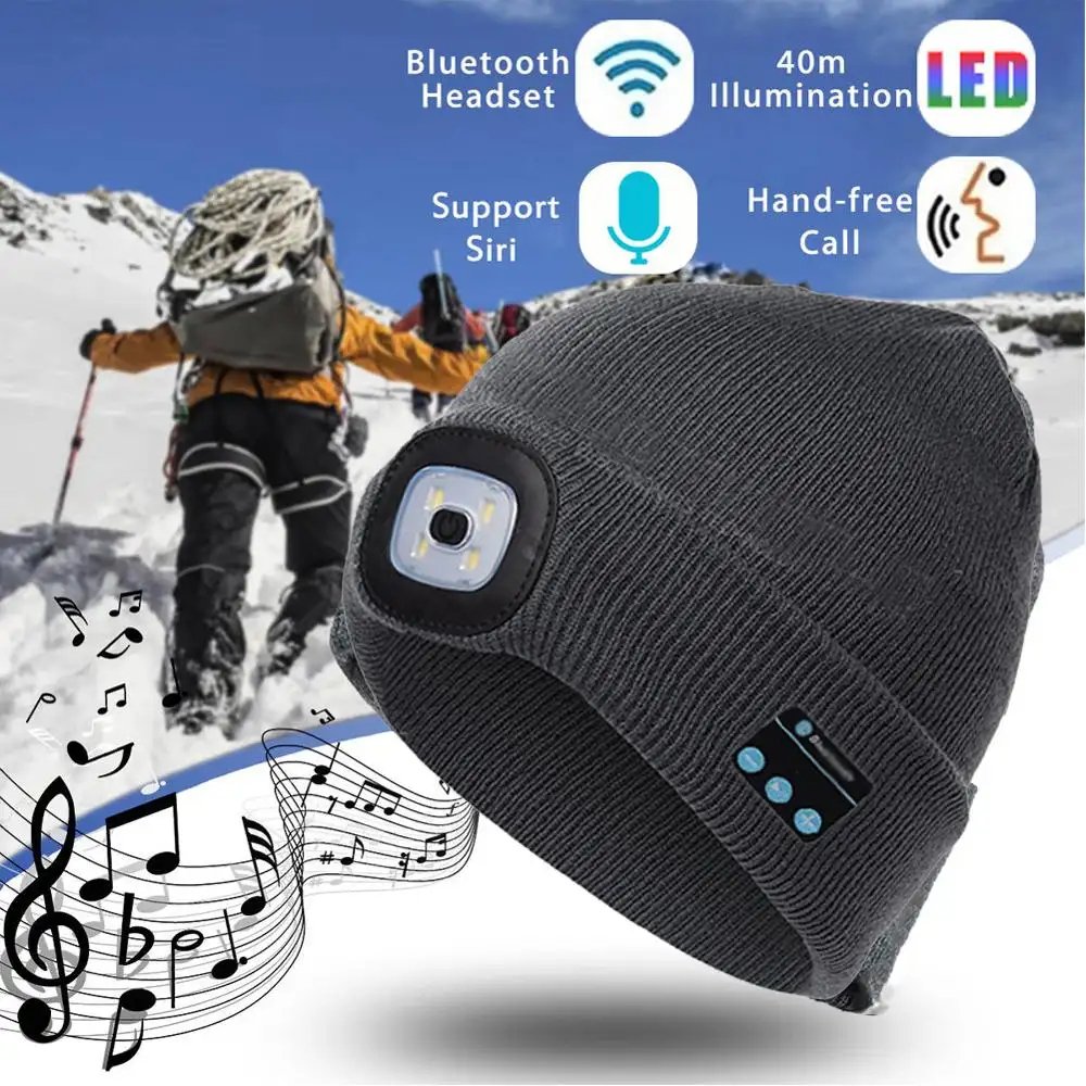 Warm Beanie-gorro LED 5,0, auriculares estéreo inalámbricos, reproductor de música con micrófono para manos libres, soporte de atenuación, batería recargable
