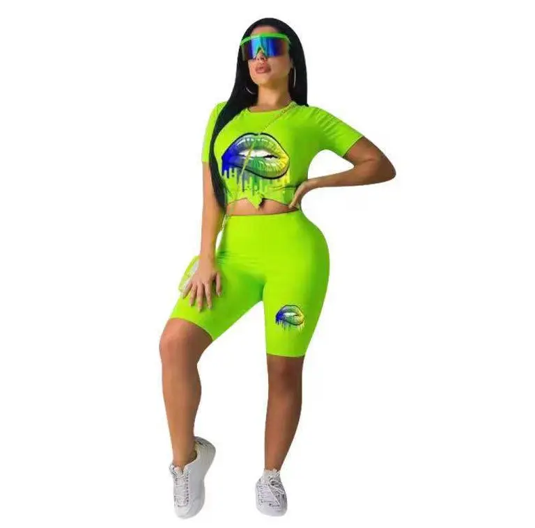 König junge Mode Verkauf Dame 3D-Tipps drucken Rundhals ausschnitt Kurzarm übergroße T-Shirt und heiße Biker Shorts zweiteilig Sets