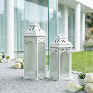 Venta al por Mayor de Portavelas Marroquíes Grandes de Metal Blanco con Vidrio Floral para Decoración del Hogar y Bodas - Product Image 4
