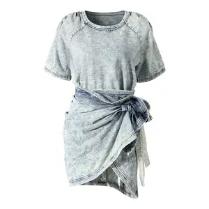 Fashional Ladies Suit Knit Denim Washable Asymmetric Skirt and T-shirt Set Two Piece Dye Clothing Women Summer Casual WASHED