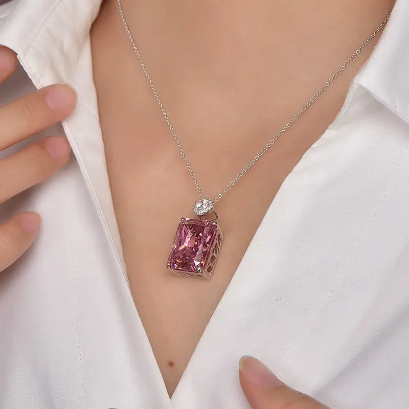 Fashion Accessories Pink CZ Diamond Pendant Jewelry 925 Silver Chain Necklace Women Jewelry Necklace Pendant