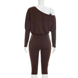 Viviblook Q26ST123 Ensemble Automne Femme Sexy Décolleté Asymétrique Haut Court Ample et Pantalon Court Taille Haute Décontracté Deux Pièces - Product Image 3