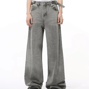 Custom Factory OEM da <span class=keywords><strong>uomo</strong></span> di nicchia Retro cintura diritta ampia <span class=keywords><strong>grigio</strong></span> <span class=keywords><strong>Jeans</strong></span> <span class=keywords><strong>Jeans</strong></span> larghi larghi per gli uomini - Product Image 1