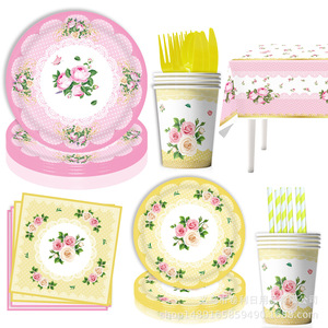 Fournitures pour fête du thé du printemps, 40-60 pièces, vaisselle en plastique et en papier, décorations d'anniversaire, assiettes rondes, couverts, serviettes, gobelets - Product Image 3