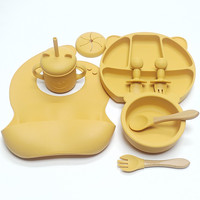 Ensemble complet de vaisselle pour bébé : bavoir à ventouse, bol, tasse à bec en silicone, paille, assiette compartimentée incassable