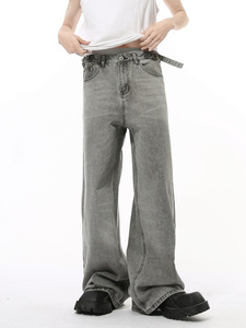 Custom Factory OEM da <span class=keywords><strong>uomo</strong></span> di nicchia Retro cintura diritta ampia <span class=keywords><strong>grigio</strong></span> <span class=keywords><strong>Jeans</strong></span> <span class=keywords><strong>Jeans</strong></span> larghi larghi per gli uomini - Product Image 5
