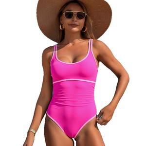 Maillot de bain une pièce pour femme, col rond, séchage rapide, bordure contrastée, vêtements de plage - Product Image 5
