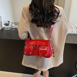 Glossy Leather <b>Motorcycle</b> Style Handbag Multi Compartment Top Handle Crossbody - Product Image 2