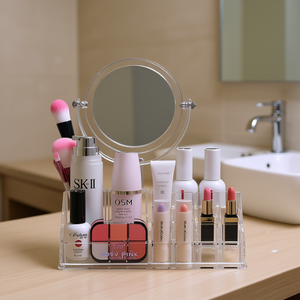 Organisateur de cosmétiques Myrva avec miroir en acrylique, conteneur de rangement moderne pour rouges à lèvres et outils de beauté - Product Image 2