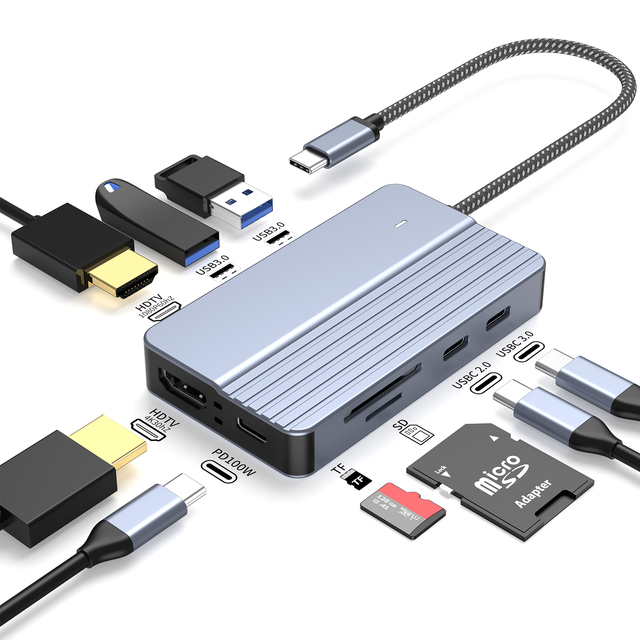 TUTI Multi-functional Hub 9 in 1 PD 100W Charging SD TF Dual HDTV Dual Screen / Dual Display USB 3.0 Type-C Docking Station