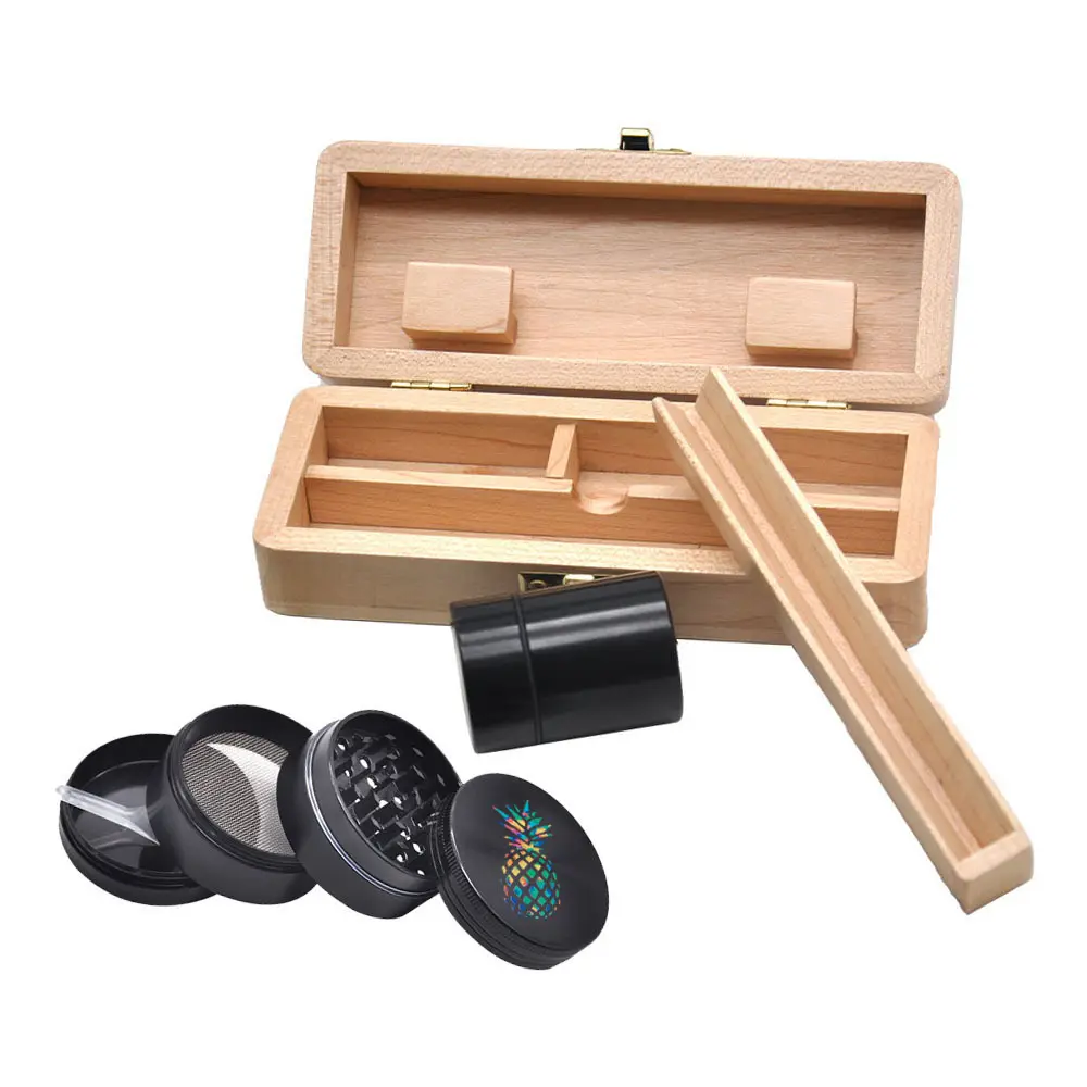 Custom Logo Houten Stash Case Box 40Mm Kruid Aluminium Grinder Metalen Opbergpot Set Geurbestendige Doos Met Slot