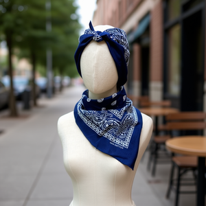 Bandana in cotone Angelina 54x54 cm, foulard quadrato blu con stampa paisley per la testa e il collo - Product Image 3