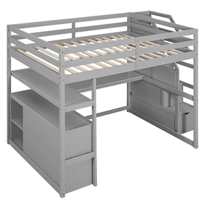 Lit mezzanine moderne gris pleine taille avec bureau, rangement, escalier, cadre <span class=keywords><strong>en</strong></span> pin massif, <span class=keywords><strong>2</strong></span> tiroirs et barrières de sécurité pour enfants et adultes - Product Image 5