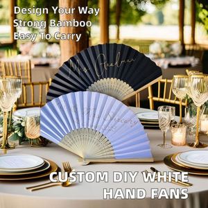 Abanicos de mano blancos personalizados DIY estilo arte folclórico, abanicos portátiles de bambú japonés con papel en blanco, abanicos con logo impreso para bodas - Product Image 3
