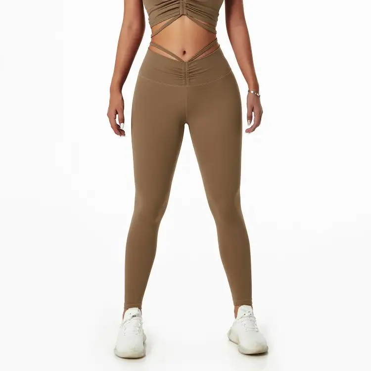 Fashion Design Cut Out Waist Butt Lifting Push Up Wholesale Custom Fitness Women Sport Brown Leggings Yoga Pants With Bands