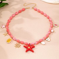 Kalung manik-manik berlapis boho bertema laut, liontin bintang laut, kerang, kepiting, dan bunga, perhiasan wanita untuk liburan pantai musim panas